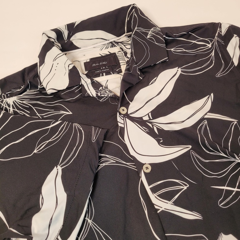 PORTER & ASH Kinetic Stretch Mens Camp Shirt Black & White Floral Size Small EUC